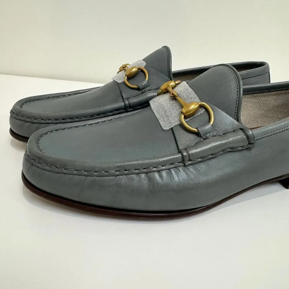 GUCCI Betis Glamour Leather Gold Horsebit Swamp Grey Loafer 10 NEW Shoes 1953